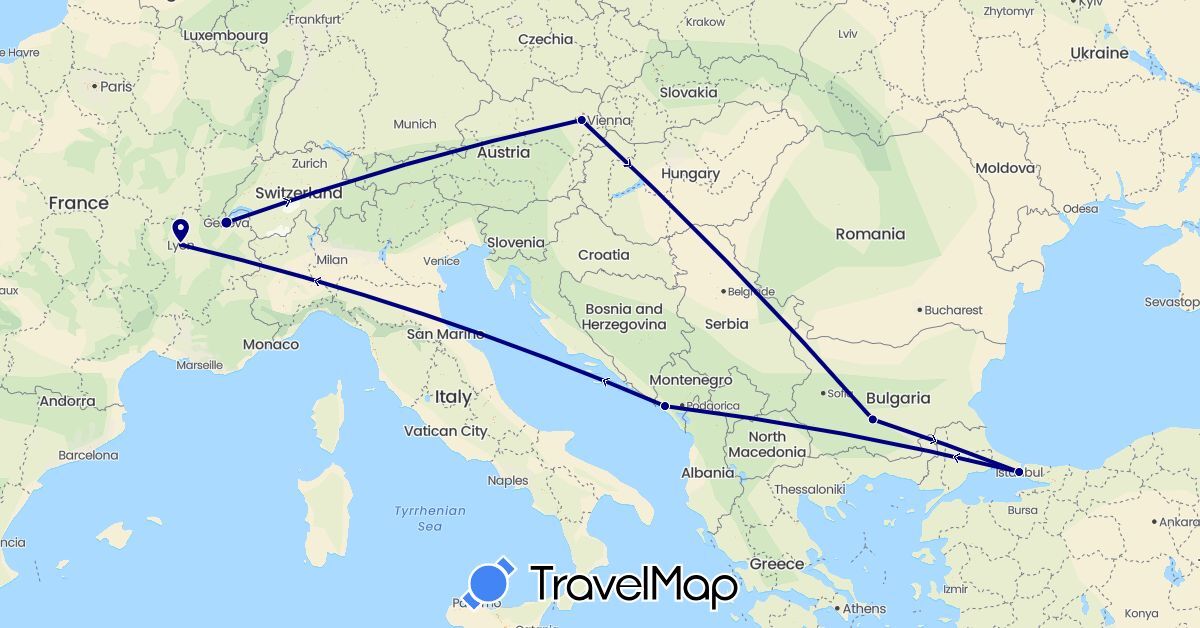 TravelMap itinerary: driving in Austria, Bulgaria, Switzerland, France, Montenegro, Turkey (Asia, Europe)